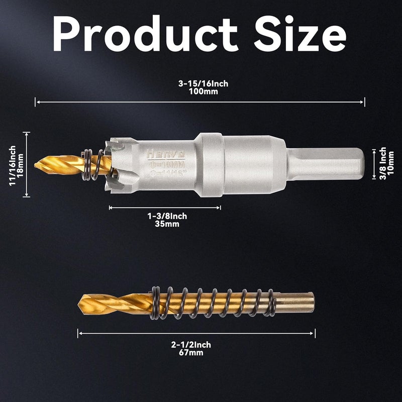 Henvo Hole Saw 11/16" (18mm) Heavy Duty Carbide with 2 Pilot Drill Bits - Metal Hole Cutter Cuts Stainless Steel, Iron, Copper, Brass, Plastic - Image 2